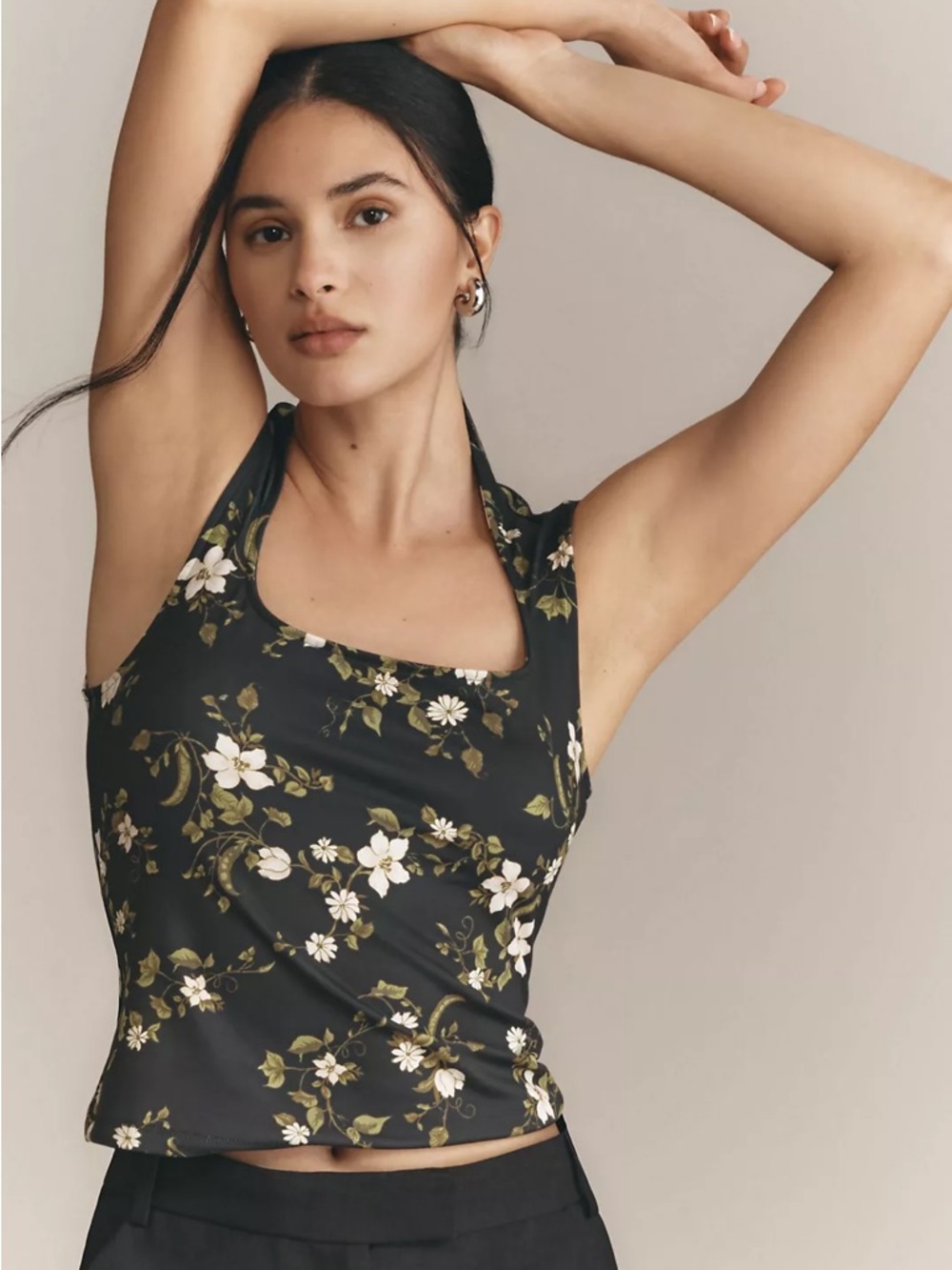 Maeve Anthropology Black Floral Tank Top | Cap Sleeve Cut-In Top | Size Large - Picture 2 of 11